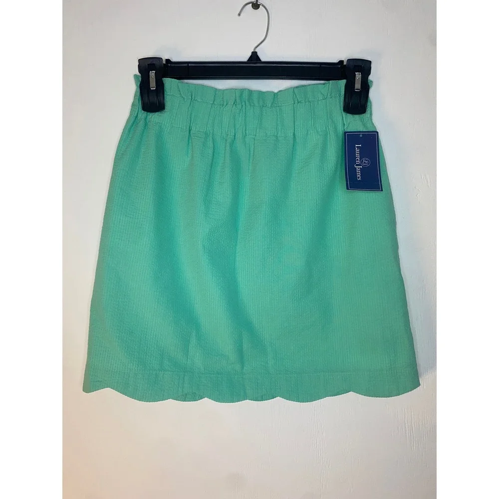 NEW Lauren James Scallop Solid Skirt Seafoam Green Seersucker Mini Pockets Med